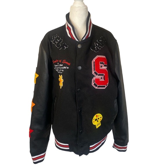 Bleecker & Mercer Jacket Men’s Medium Black Embroidered Varsity Streetwear - Picture 2 of 14